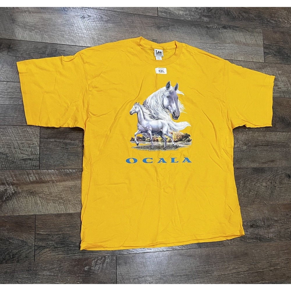NWT Vintage Y2k Ocala, Florida Big Horses Graphic Tee Yellow XXL Lee Sport